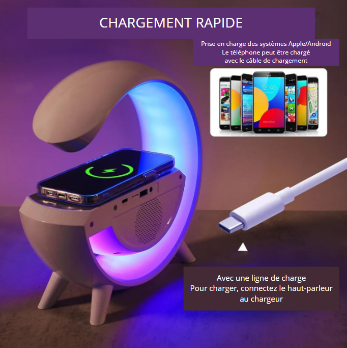 Enceinte de recharge rapide sans fil à LED, Haut-parleur, Veilleuse, Réveil, Multifonction
