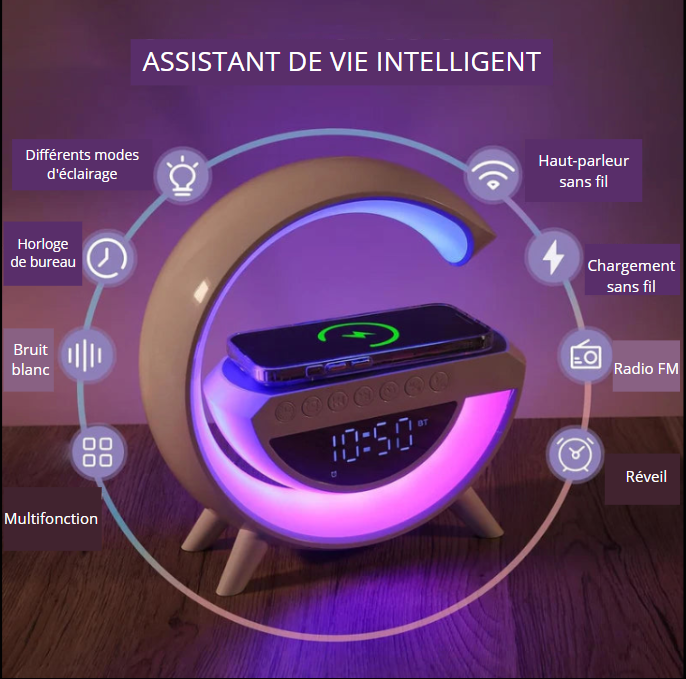 Enceinte de recharge rapide sans fil à LED, Haut-parleur, Veilleuse, Réveil, Multifonction