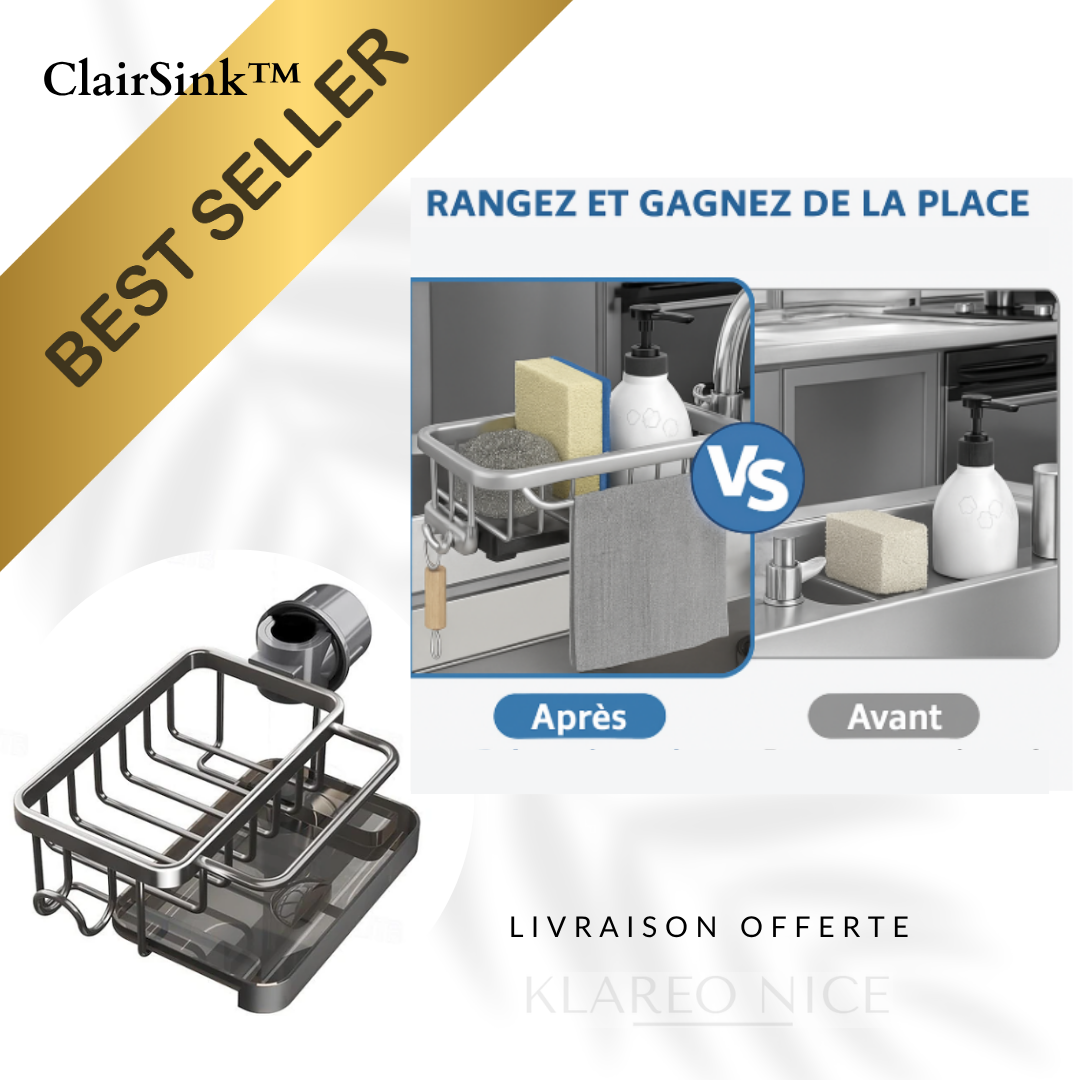 ClairSink™ – Support alu & organiseur compact pour un évier propre et stylé