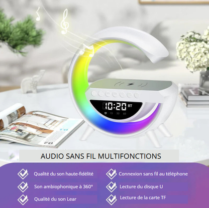 Enceinte de recharge rapide sans fil à LED, Haut-parleur, Veilleuse, Réveil, Multifonction