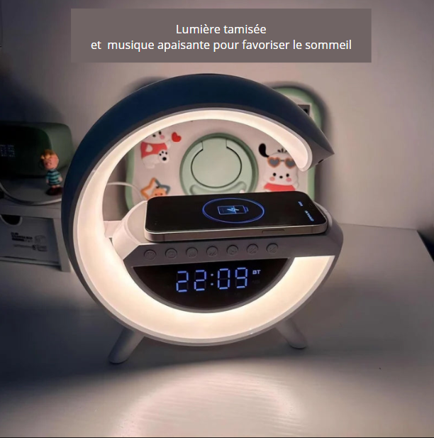 Enceinte de recharge rapide sans fil à LED, Haut-parleur, Veilleuse, Réveil, Multifonction