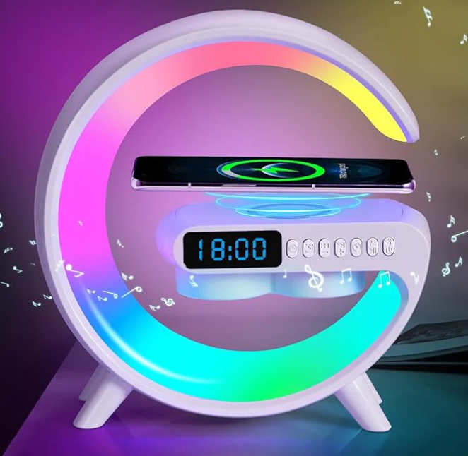 Enceinte de recharge rapide sans fil à LED, Haut-parleur, Veilleuse, Réveil, Multifonction